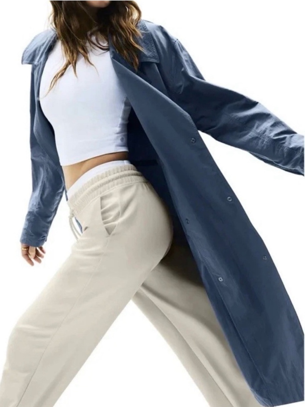 Athleta Luna Trench Coat Shadow Blue Double Breasted Long Jacket NWOT Size M - Picture 2 of 13